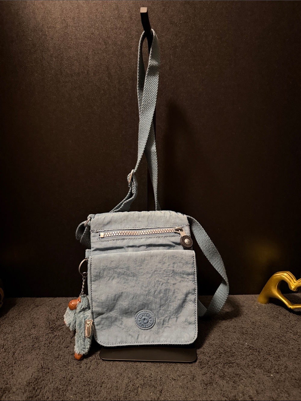 Kipling Light Blue Crossbody Organizer Bag with Pom Charm
